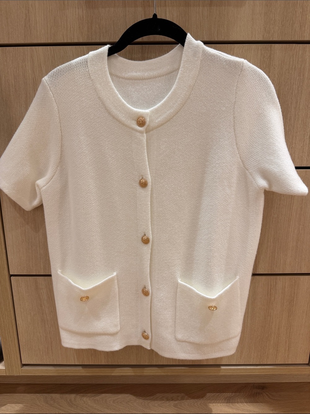 SHEIN Cream Short-Sleeve Button-Front Knit Cardigan with Gold Buttons